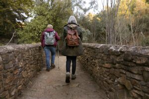 two-senior-women-crossing-stone-bridge-while-out-nature